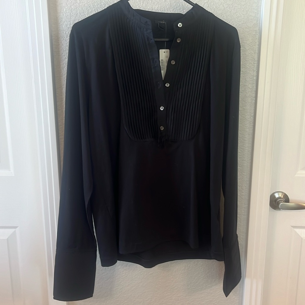 J. Crew Black Tuxedo Front Popover Blouse Size L